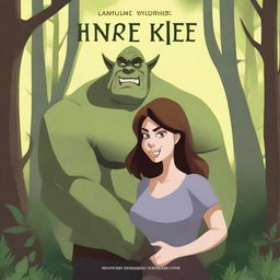 Create an image of a book cover featuring a large, handsome ogre with brown hair and big fangs