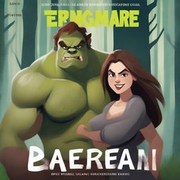 Create an image of a book cover featuring a large, handsome ogre with brown hair and big fangs