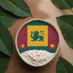 Image featuring the Sri Lanka flag and its lion symbol accompanied by cassava plants and a large, central bowl overflowing with white cassava starch. Rich hues of the flag's colors, maroon, yellow, and green, contrast with the starch's stark whiteness.