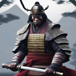 Generate a photorealistic image of an African American samurai