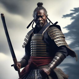 Generate a photorealistic image of an African American samurai