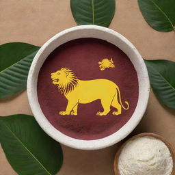 Image featuring the Sri Lanka flag and its lion symbol accompanied by cassava plants and a large, central bowl overflowing with white cassava starch. Rich hues of the flag's colors, maroon, yellow, and green, contrast with the starch's stark whiteness.