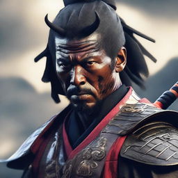 Generate a photorealistic image of an African American samurai