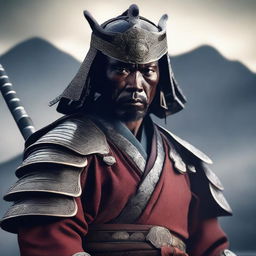 Generate a photorealistic image of an African American samurai