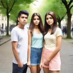 Create an image depicting a love triangle involving a girl and a pair of identical male twins