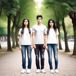 Create an image depicting a love triangle involving a girl and a pair of identical male twins