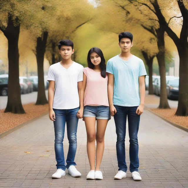 Create an image depicting a love triangle involving a girl and a pair of identical male twins