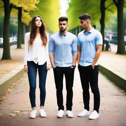 Create an image depicting a love triangle involving a girl and a pair of identical male twins