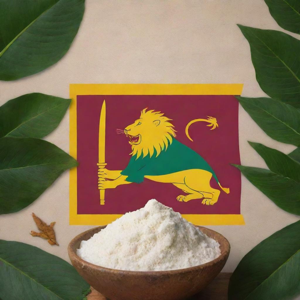 Image featuring the Sri Lanka flag and its lion symbol accompanied by cassava plants and a large, central bowl overflowing with white cassava starch. Rich hues of the flag's colors, maroon, yellow, and green, contrast with the starch's stark whiteness.