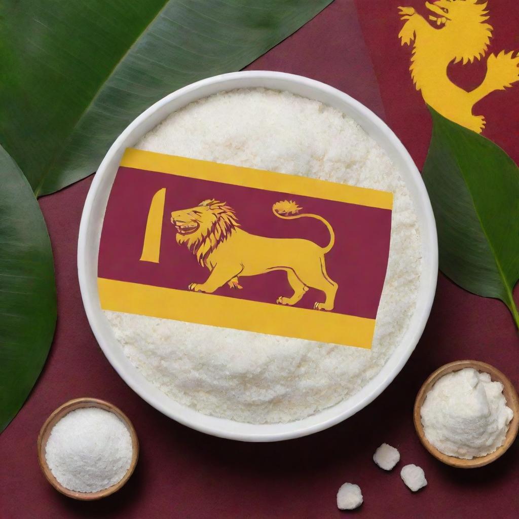 An image displaying the Sri Lanka flag along with its iconic lion symbol, tapioca plants and a prominent, large bowl filled with white tapioca starch. Blending the vibrant maroon and yellow of the flag with the pure white of the starch.