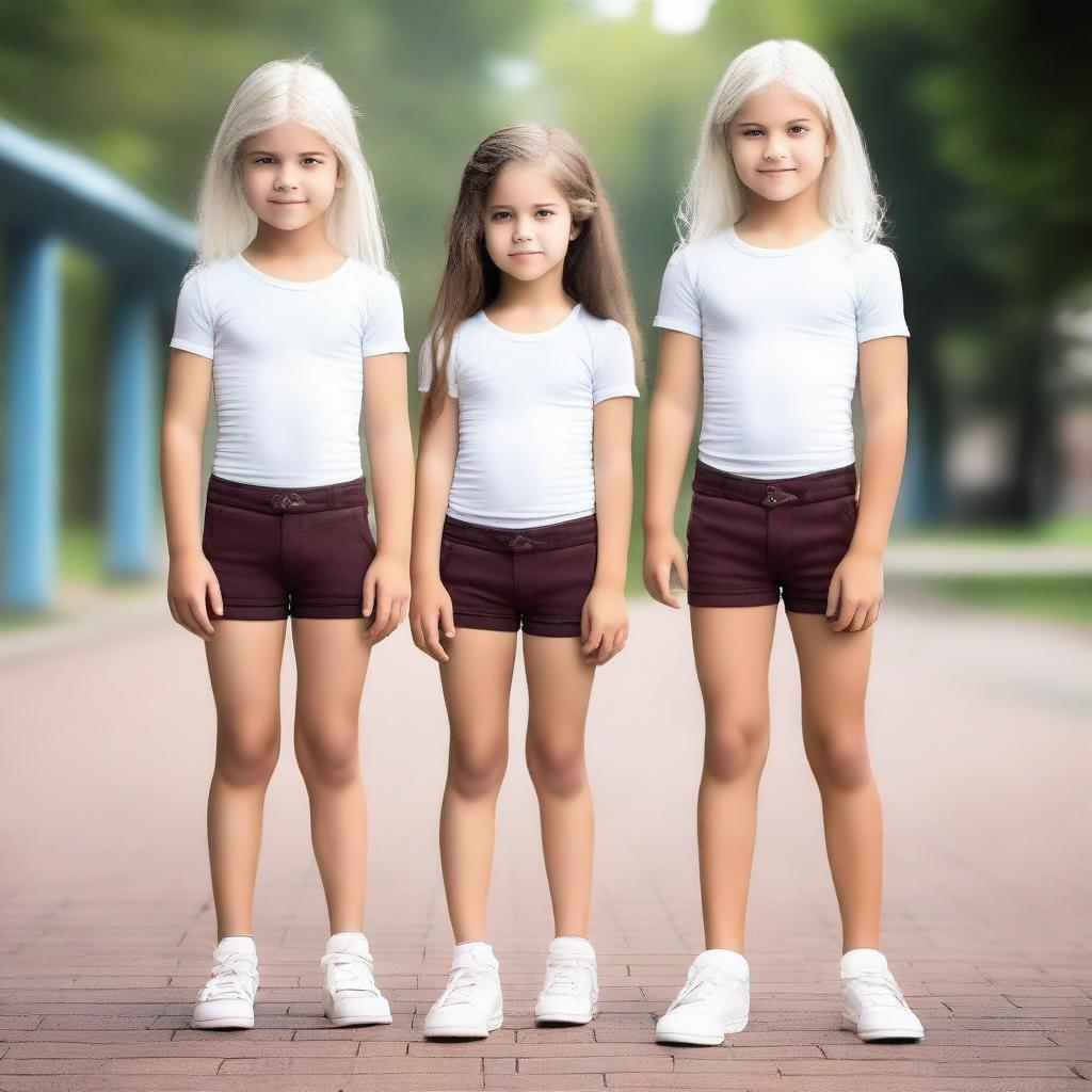 Generate an image of white-haired muscular boy twins standing beside a short girl with long brown hair