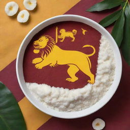 An image displaying the Sri Lanka flag along with its iconic lion symbol, tapioca plants and a prominent, large bowl filled with white tapioca starch. Blending the vibrant maroon and yellow of the flag with the pure white of the starch.