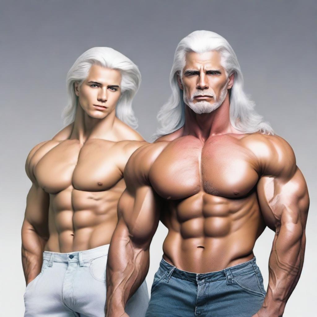 Generate an image of white-haired muscular guy twins, with one of them being in a romantic relationship with a short girl who has long brown hair