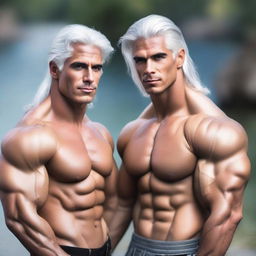 Generate an image of white-haired muscular guy twins, with one of them being in a romantic relationship with a short girl who has long brown hair