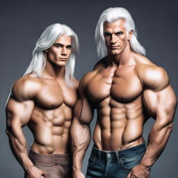 Generate an image of white-haired muscular guy twins, with one of them being in a romantic relationship with a short girl who has long brown hair