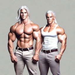 Generate an image of white-haired muscular guy twins, with one of them being in a romantic relationship with a short girl who has long brown hair