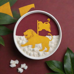 An image displaying the Sri Lanka flag along with its iconic lion symbol, tapioca plants and a prominent, large bowl filled with white tapioca starch. Blending the vibrant maroon and yellow of the flag with the pure white of the starch.