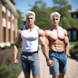 Generate an image of white-haired muscular guy twins in a college setting