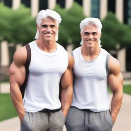 Generate an image of white-haired muscular guy twins in a college setting