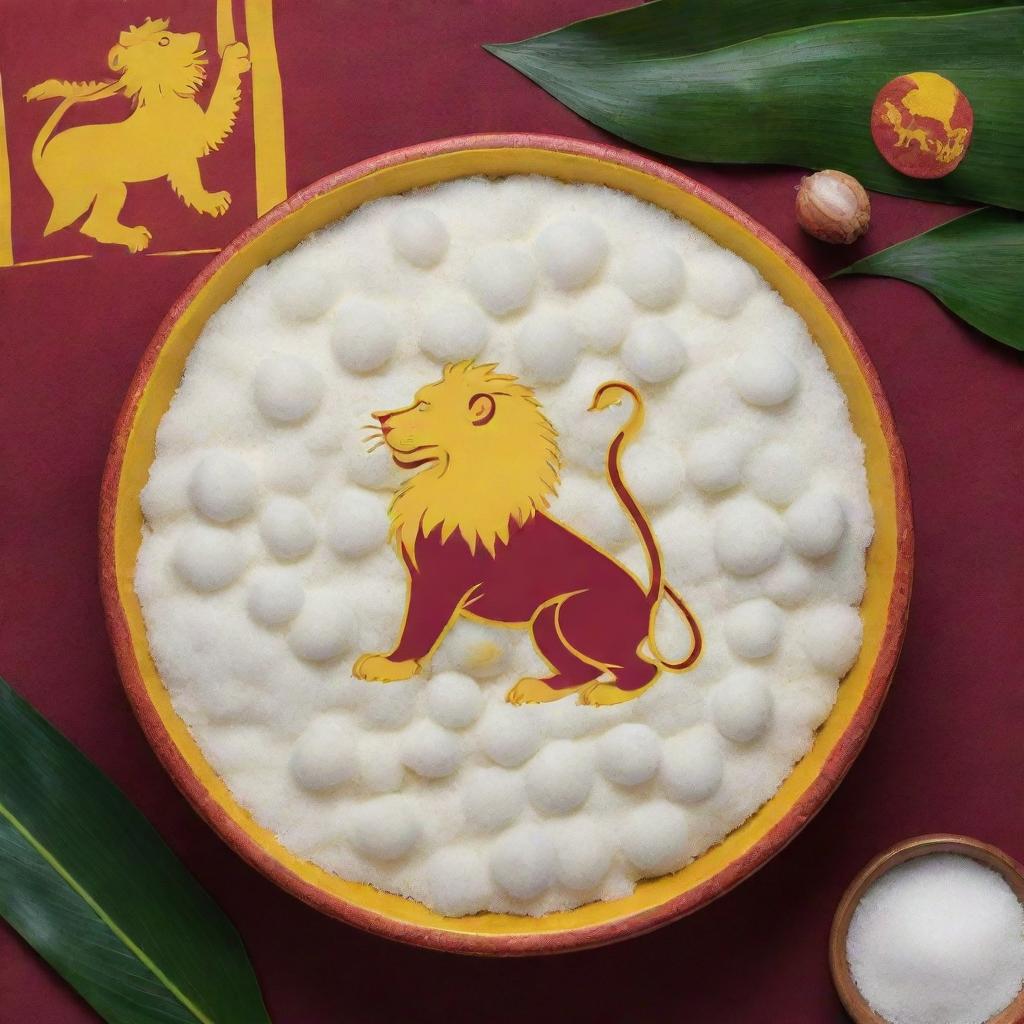 An image displaying the Sri Lanka flag along with its iconic lion symbol, tapioca plants and a prominent, large bowl filled with white tapioca starch. Blending the vibrant maroon and yellow of the flag with the pure white of the starch.