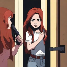 Generate an image of a Mexican girl with long brown hair, she is looking through a door at a young girl with red hair