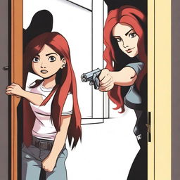 Generate an image of a Mexican girl with long brown hair, she is looking through a door at a young girl with red hair