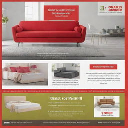 A vibrant furniture shop advertisement template featuring a special marriage package starting from INR 84999. The package includes a stylish sofa, bed, fridge, washing machine and a comfortable mattress.