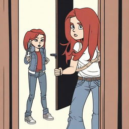 Generate an image of a Mexican girl with long brown hair, she is looking through a door at a young girl with red hair