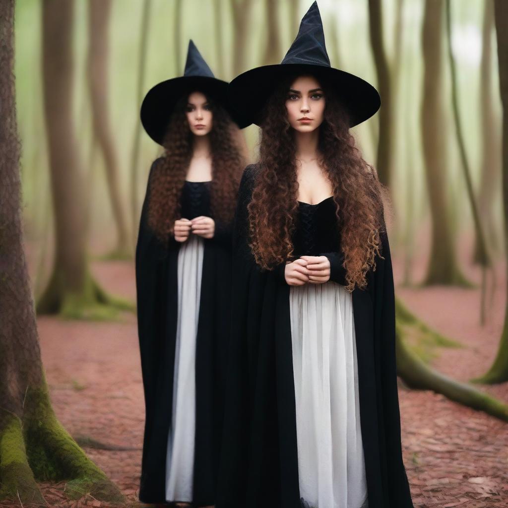 A beautiful 25-year-old Caucasian woman with long, brown, curly hair is dressed like a witch and standing in a forest