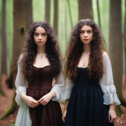 A beautiful 25-year-old Caucasian woman with long, brown, curly hair is dressed like a witch and standing in a forest