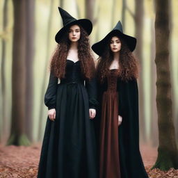 A beautiful 25-year-old Caucasian woman with long, brown, curly hair is dressed like a witch and standing in a forest