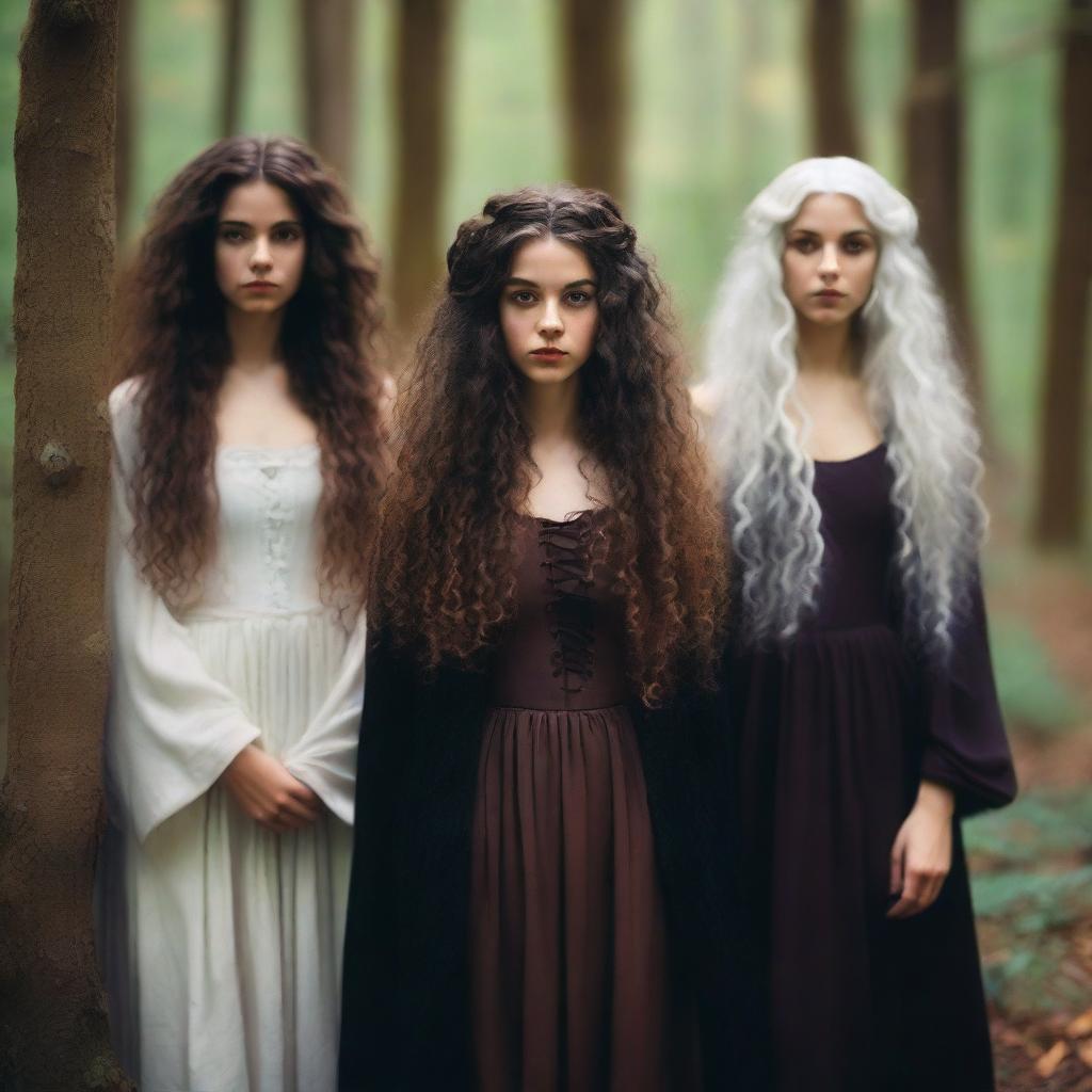 A beautiful 25-year-old Caucasian woman with long, brown, curly hair is dressed like a witch and standing in a forest