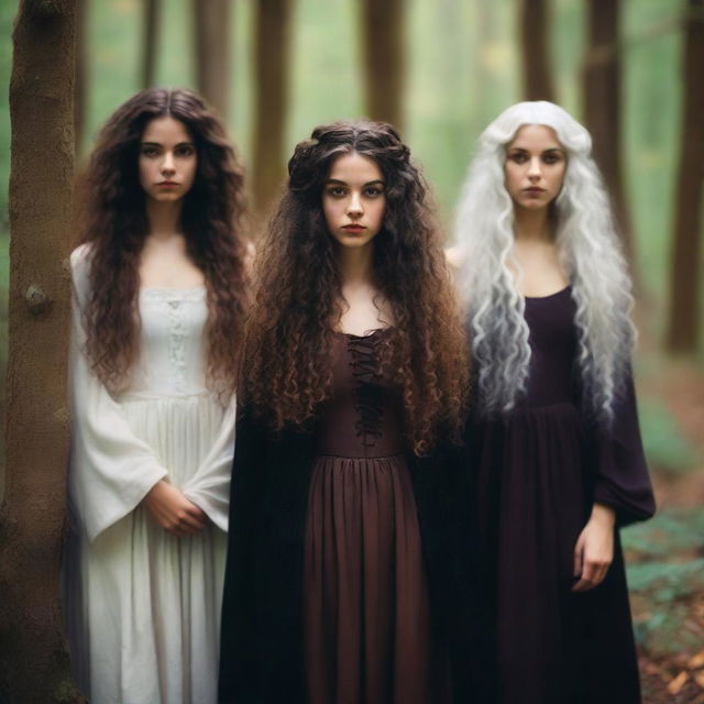 A beautiful 25-year-old Caucasian woman with long, brown, curly hair is dressed like a witch and standing in a forest