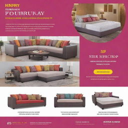 A vibrant furniture shop advertisement template featuring a special marriage package starting from INR 84999. The package includes a stylish sofa, bed, fridge, washing machine and a comfortable mattress.