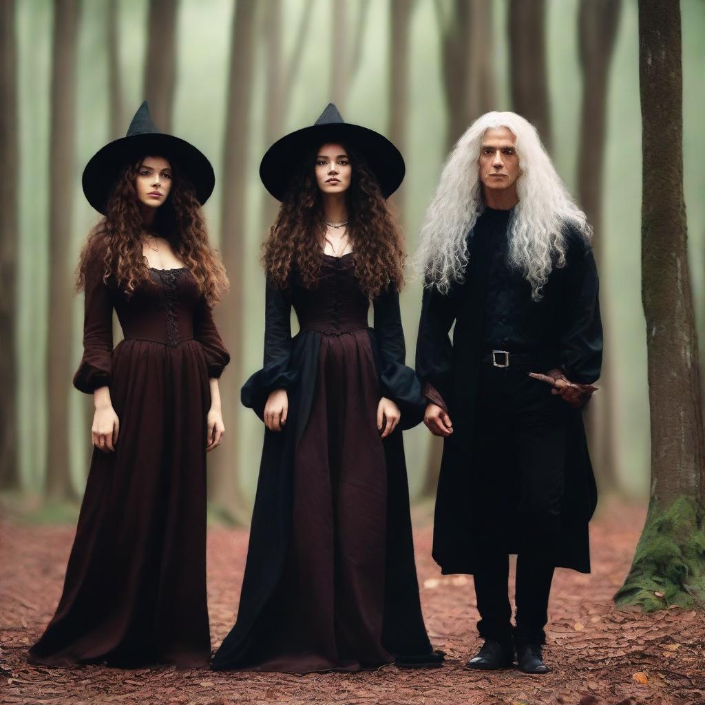 A beautiful 25-year-old Caucasian woman with long, brown, curly hair is dressed like a witch and standing in a forest