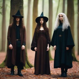 A beautiful 25-year-old Caucasian woman with long, brown, curly hair is dressed like a witch and standing in a forest