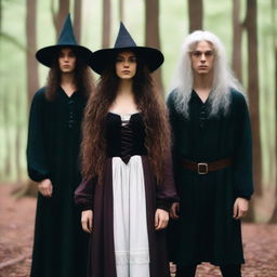 A beautiful 25-year-old Caucasian woman with long, brown, curly hair is dressed like a witch and standing in a forest