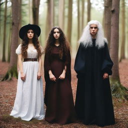 A beautiful 25-year-old Caucasian woman with long, brown, curly hair is dressed like a witch and standing in a forest