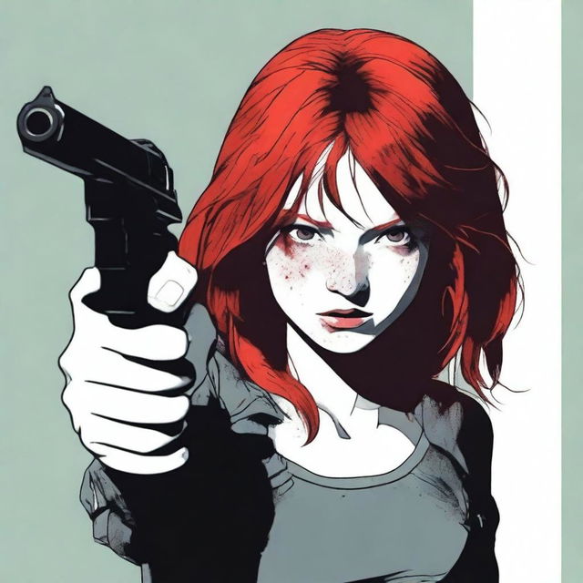 Generate an image of a dark room where a girl with red hair is pointing a gun. Her face is not visible.