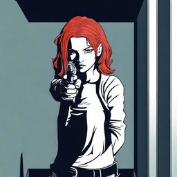 Generate an image of a dark room where a girl with red hair is pointing a gun. Her face is not visible.