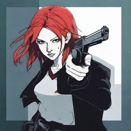 Generate an image of a dark room where a girl with red hair is pointing a gun. Her face is not visible.