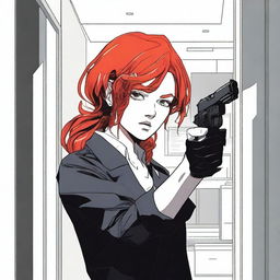 Generate an image of a dark room where a girl with red hair is pointing a gun. Her face is not visible.