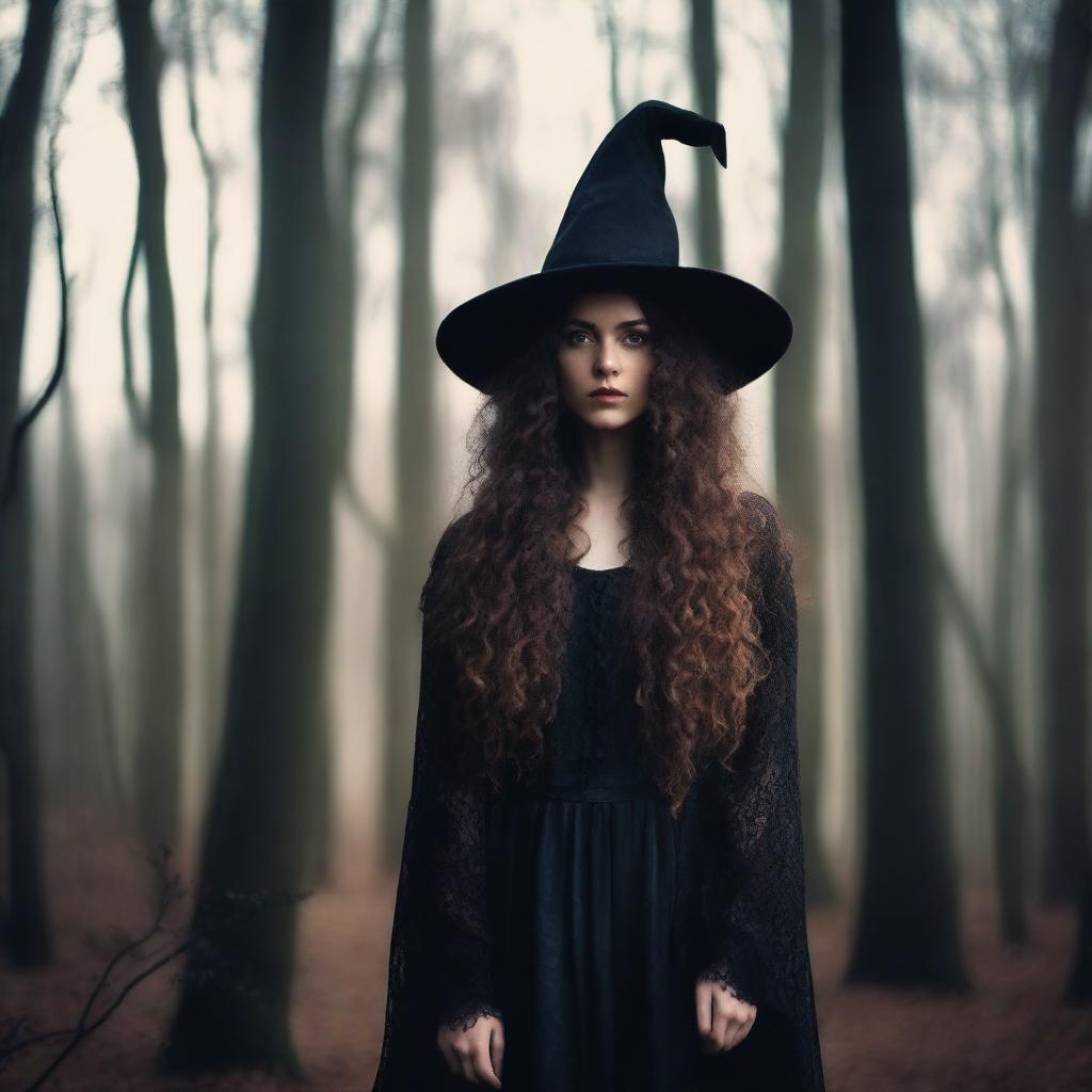 A beautiful 25-year-old Caucasian woman with long, brown, curly hair is dressed like a witch and standing in a creepy forest