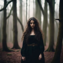 A beautiful 25-year-old Caucasian woman with long, brown, curly hair is dressed like a witch and standing in a creepy forest