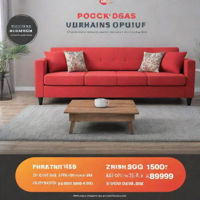 A vibrant furniture shop advertisement template featuring a special marriage package starting from INR 84999. The package includes a stylish sofa, bed, fridge, washing machine and a comfortable mattress.