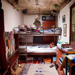 A cozy 10x10 room of a married UPSC aspirant, filled with numerous books. There's a single mini bed, a comfortable sofa and a study table. Elements hinting a shared living based on the presence of his wife.