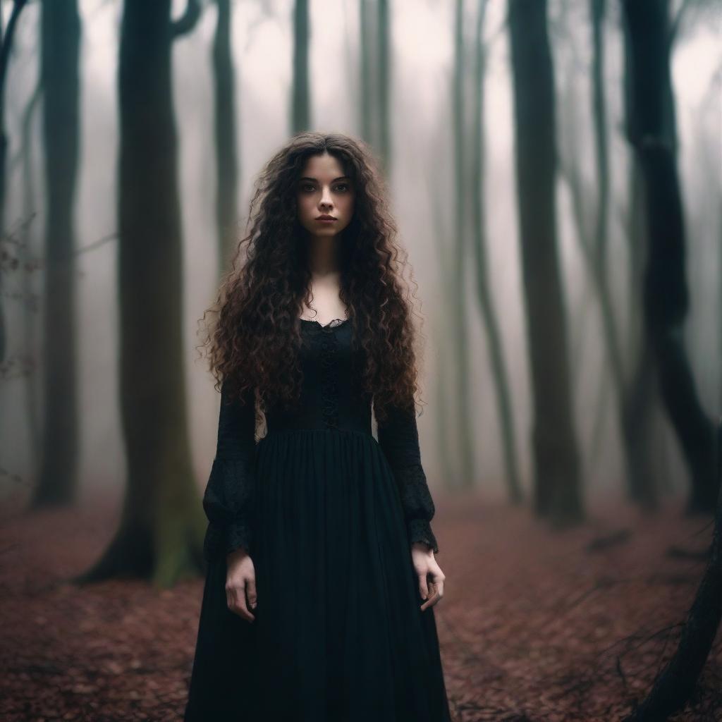 A beautiful 25-year-old Caucasian woman with long, brown, curly hair is dressed like a witch and standing in a creepy forest