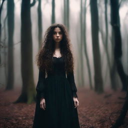 A beautiful 25-year-old Caucasian woman with long, brown, curly hair is dressed like a witch and standing in a creepy forest