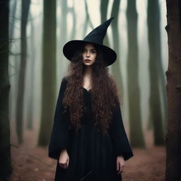 A beautiful 25-year-old Caucasian woman with long, brown, curly hair is dressed like a witch and standing in a creepy forest