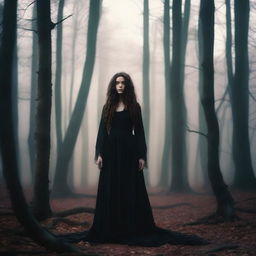 A beautiful 25-year-old Caucasian woman with long, brown, curly hair is dressed like a witch and standing in a creepy forest